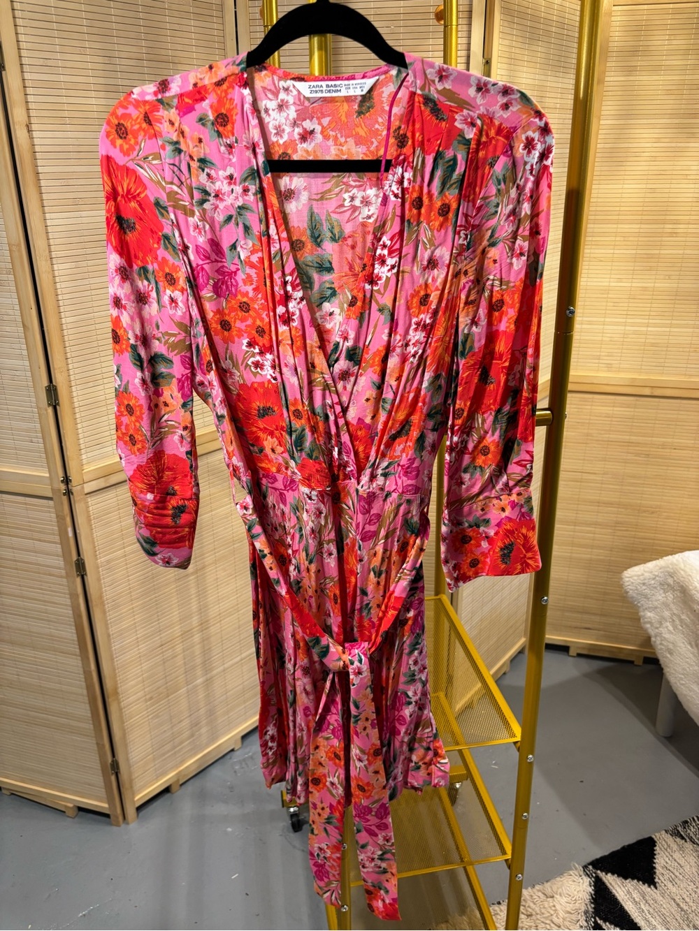 Zara Pink and Red Floral Long Sleeve Wrap Dress